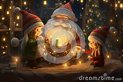 Gnome family decorating a Christmas tree with ornaments Stock Photo