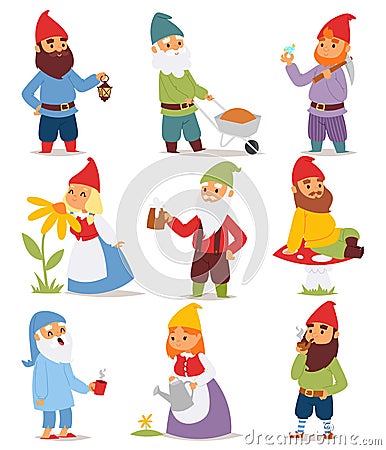 Gnome garden set funny little character cute fairy tale dwarf man in cap and cartoon holiday old leprechaun gardening Vector Illustration