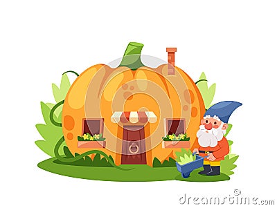 Gnome Gardener near the Fairytale Pumpkin House, Fairytale Home In Ripe Orange Gourd With Wooden Door, Windows Vector Illustration