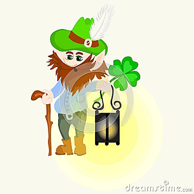 gnome or leprechaun with a magic four-leaf and with a lantern - graphics. Valentine Day, gift, congratulations, love. Vector Illustration