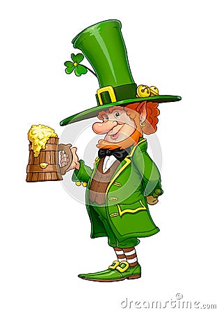 Gnome leprechaun with mug of beer. Fairy-tale irish character. Stock Photo