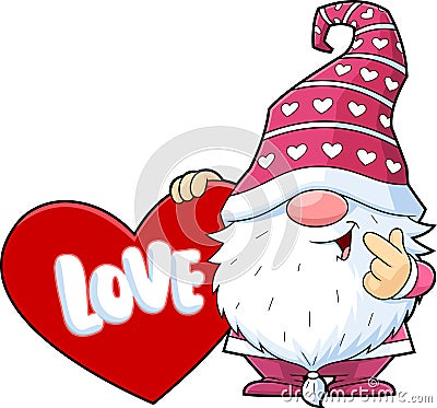Cute Gnome Lover Cartoon Character Holding A Red Heart With Text Love Vector Illustration