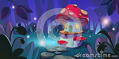 Gnome mushroom houses in night forest Vector Illustration