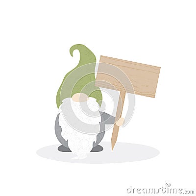 A gnome holding a blank wooden sign Vector Illustration