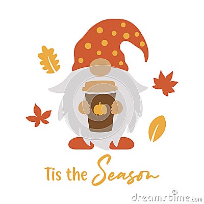 Gnome Holding Pumpkin Spice Latte Coffee Cup Vector Vector Illustration