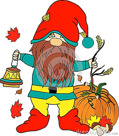 A gnome in red boots in the fall season Vector Illustration