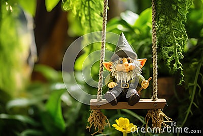 Gnome sitting on a swing made from a leaf in fantasy world Stock Photo