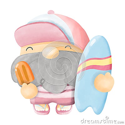 Gnome summer man wear hat holding surfboard and ice cream bar watercolor vector Vector Illustration