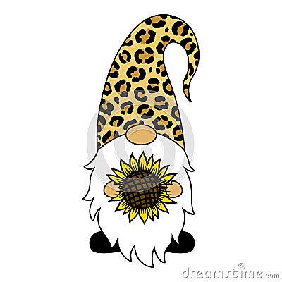 Gnome with a sunflower. Thanksgiving Day. Vector illustration. Leopard print Vector Illustration