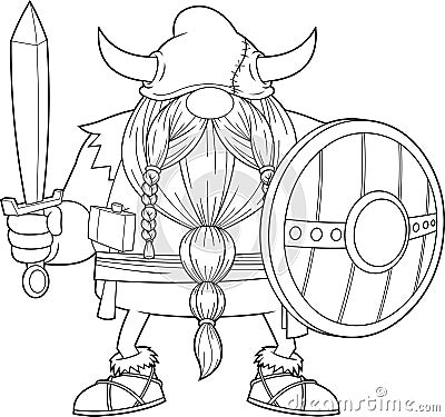 Outlined Angry Gnome Viking Cartoon Character With Sword And Shield Vector Illustration