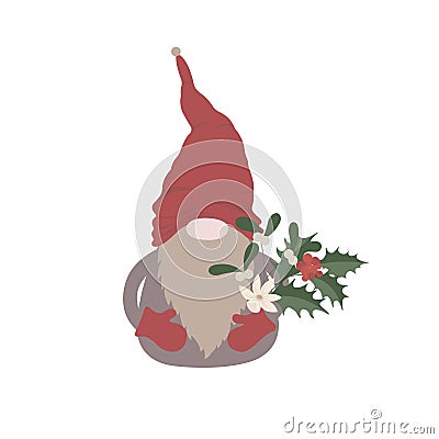 Gnome with Winter Bouquet. Christmas. Vector Illustration