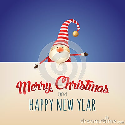 Gnome wish Merry Christmas and Happy New Year with text on board. Blue background Vector Illustration