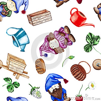 Gnomes, baskets, carts, victoria with leaves and watering cans. Watercolor drawing of a seamless pattern on a white Stock Photo