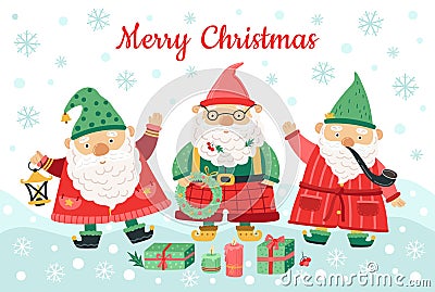 Gnomes christmas characters. Funny dwarfs, smiling men on snow background. Nordic season background, winter greetings Vector Illustration