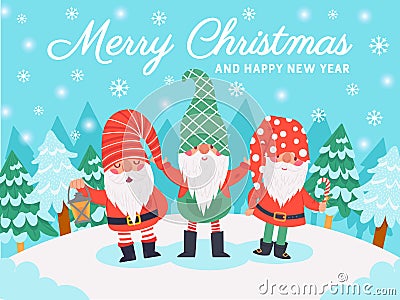 Gnomes christmas characters. Xmas greeting card with cute dwarfs, winter elements and lettering, december holidays Vector Illustration