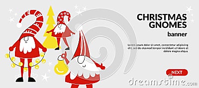 Gnomes on Christmas and New year banner, flyer, website landing page template. Cute Dwarf in simple scandinavian nordic Vector Illustration