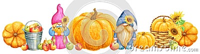 Gnomes collects pumpkin and apples harvest. Thanksgiving or Harvest Day banner. Watercolor drawing Stock Photo