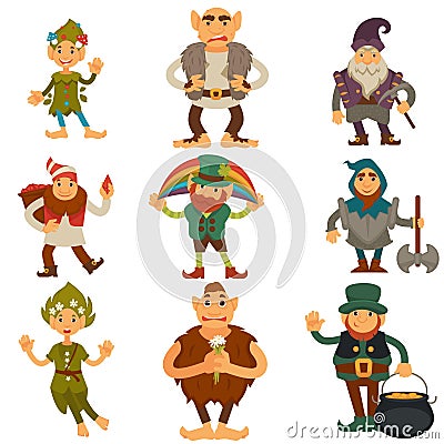 Gnomes, dwarfs or elf and leprechaun cartoon magic characters vector isolated icons Vector Illustration