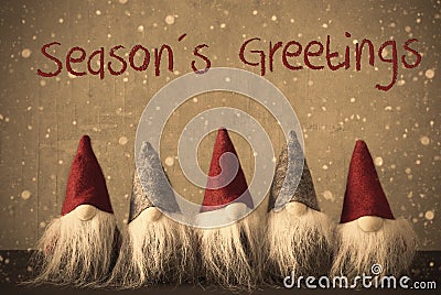 Gnomes, Snowflakes, Text Seasons Greetings Stock Photo