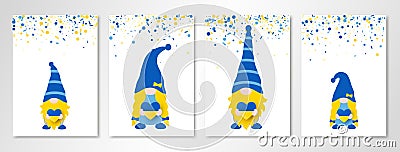 Gnomes Family holding hearts in Ukrainian flag colors. Banners set with blue yellow confetti on four white sheets. Vector Vector Illustration