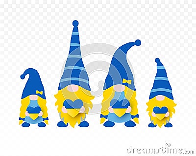 Gnomes Family holding hearts in Ukrainian flag colors on transparent background. Vector illustration Vector Illustration