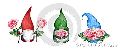 Gnomes family with pink roses. Watercolor set with bouquet of flowers. Beautiful design for Mothers day, anniversary Stock Photo