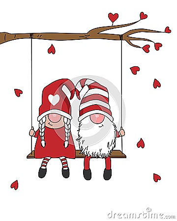 Gnomes in love card. Gnome couple sitting on a swing. Vector Illustration