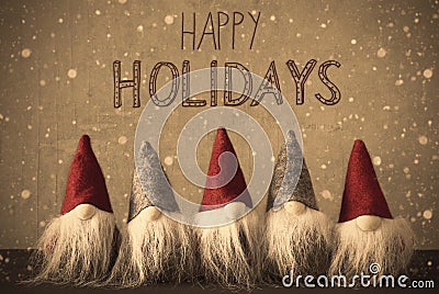 Gnomes, Snowflakes, Calligraphy Happy Holidays Stock Photo