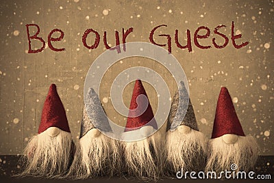 Gnomes, Snowflakes, Text Be Our Guest Stock Photo
