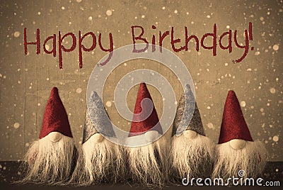 Gnomes, Snowflakes, Text Happy Birthday Stock Photo