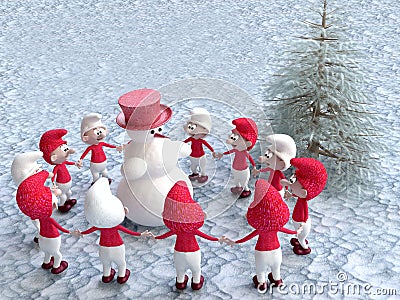 Gnomes and Snowman Dancing near the Pine Tree Stock Photo