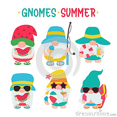 Gnomes Summer. Gnomes wear hats and sunglasses for summer trips to the beach Vector Illustration