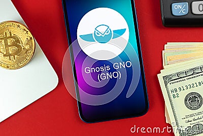 Gnosis GNO coin symbol. Trade with cryptocurrency, digital and virtual money, banking with mobile phone concept Editorial Stock Photo