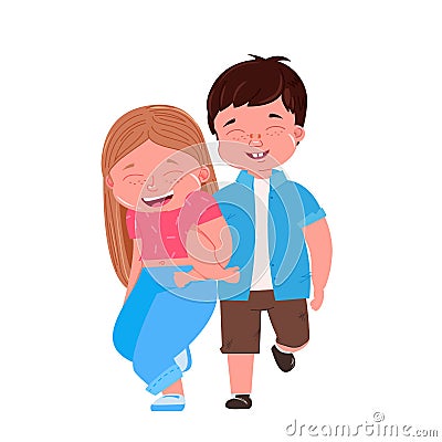 Go boy and girl go beside on arm. Friend hugs. Child friendship love Vector Illustration