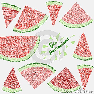 'Go Fruitarian!' card. Colorful postcard with scratched watermelon slices. Vector Illustration