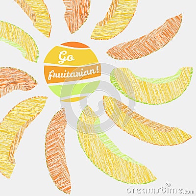 'Go Fruitarian!' card. Vegeterian banner with scratched melon sl Vector Illustration