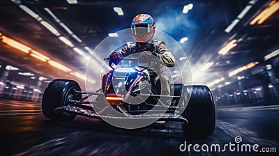 Go kart racing field, racer wearing safety uniform on competition tournament. Carting competitions Stock Photo