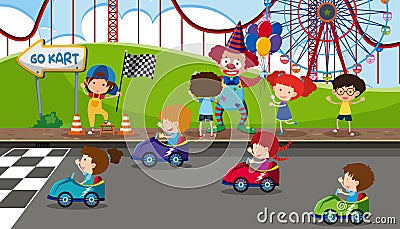 Go kart racing at fun fair Vector Illustration