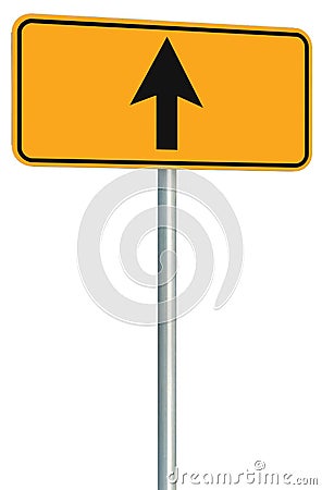 Go straight ahead route road sign, yellow isolated roadside traffic signage, this way only direction pointer perspective, black Stock Photo