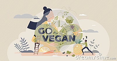 Go vegan as green and raw food eating for healthy diet tiny person concept Vector Illustration