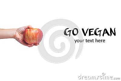 Go vegan! Concept of veganism. Vegan diet. Human hand with appl Stock Photo