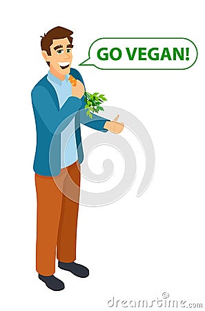 Go vegan. Isometric young character eats a carrot. Vector Illustration
