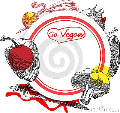 Go vegan round background with vegetables. Vector Illustration