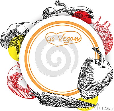 Go vegan round background with vegetables. Vector Illustration