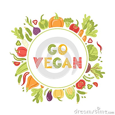 Go vegan. Round frame, wreath of fresh seasonal vegetables. Vector illustration in a flat style. Veganuary. Lettering in Vector Illustration