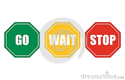 Go, wait, stop signs. Octagonal green go, red stop, yellow wait. Traffic regulatory warning symbols Vector Illustration
