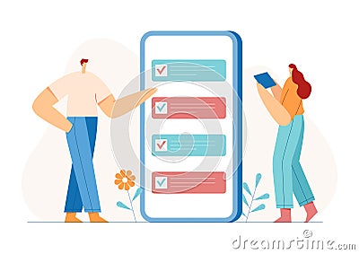 Goal achievement planning schedule. Businessmen marking checklist in smartphone. Business tasking concept. Flat vector Stock Photo