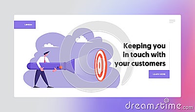 Goal Achievement Website Landing Page, Business Man Holding Huge Flashlight Lighting Up Aim, Uncovering Hidden Target Vector Illustration