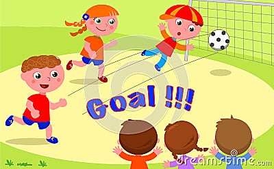 GOAL! Friends playing soccer at the park Vector Illustration