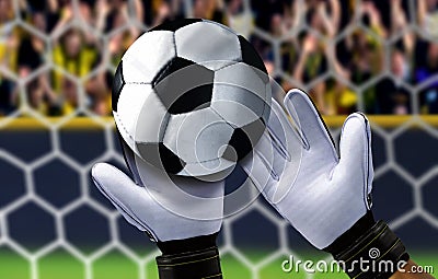 Goal keeper saving a ball with spectator in background Stock Photo
